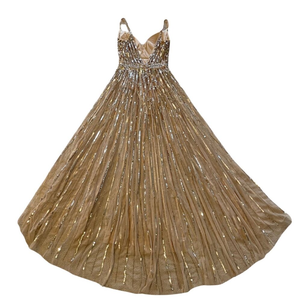 Mac Duggal Wrap Front Beaded Maxi Dress Full Length Gown Gold Sequins Women's 2 - Picture 6 of 16